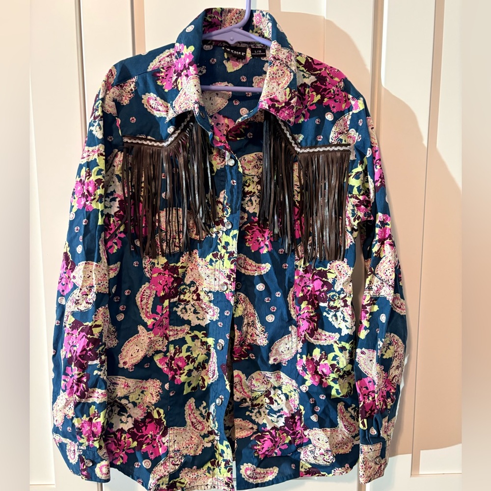Cruel Girls Floral Fringe Diamond Cover Snap Up Shirt